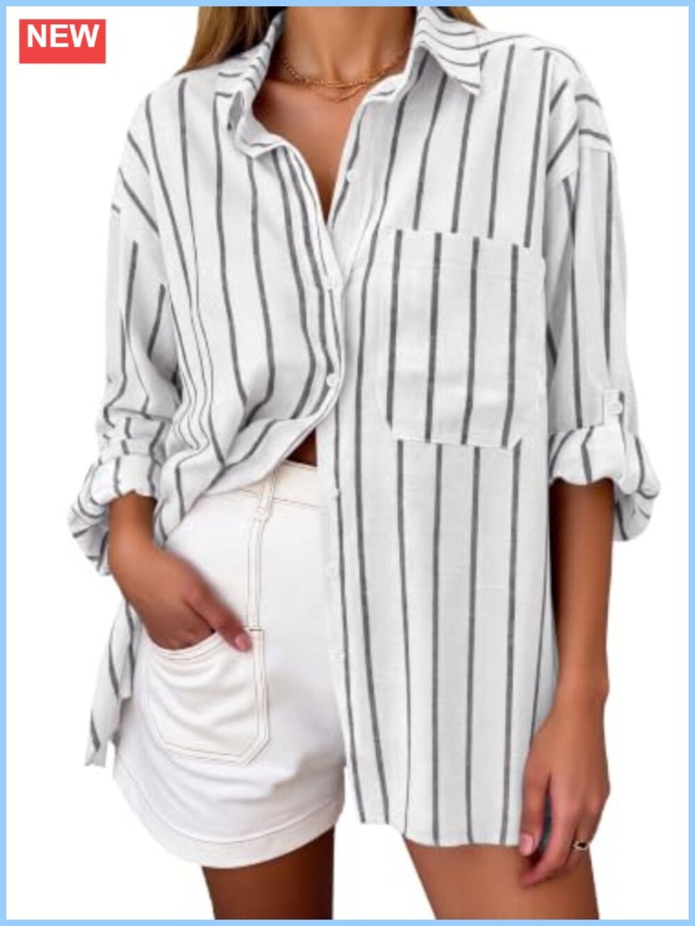 Women's Striped Long Sleeve Button Down Shirt Casual Blouse Cotton Blend